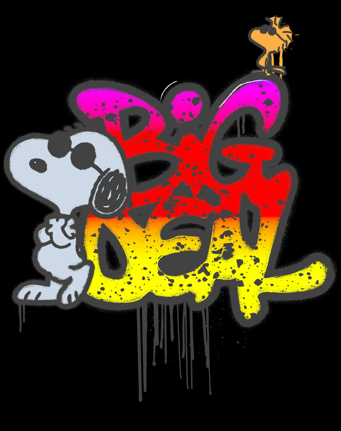 Peanuts Wyld Style Snoopy Woodstock Big Deal Graffiti Retro Official Men's T-Shirt - Black - Urban Species Design Close Up