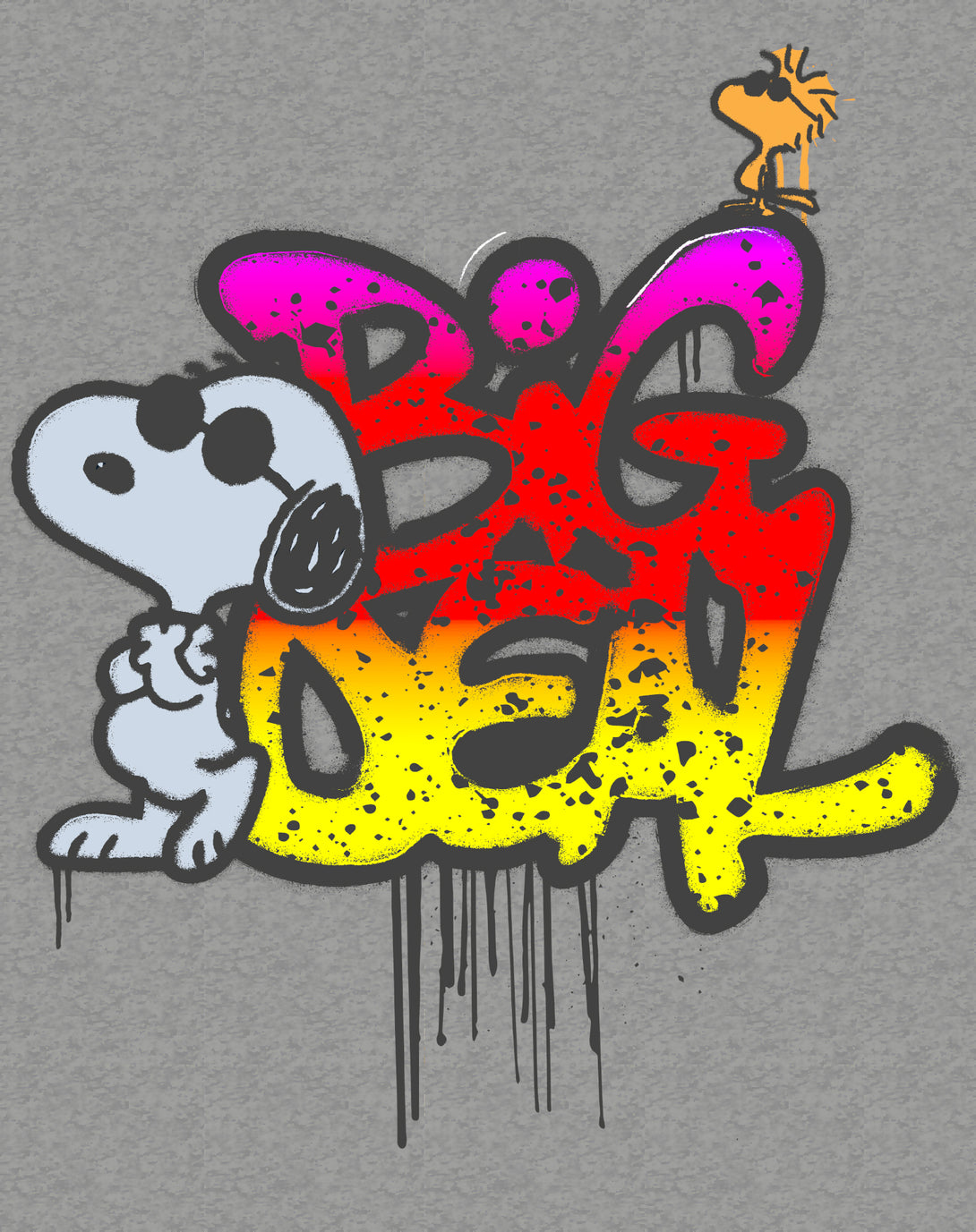 Peanuts Wyld Style Snoopy Woodstock Big Deal Graffiti Retro Official Men's T-Shirt - Heather Grey - Urban Species Design Close Up