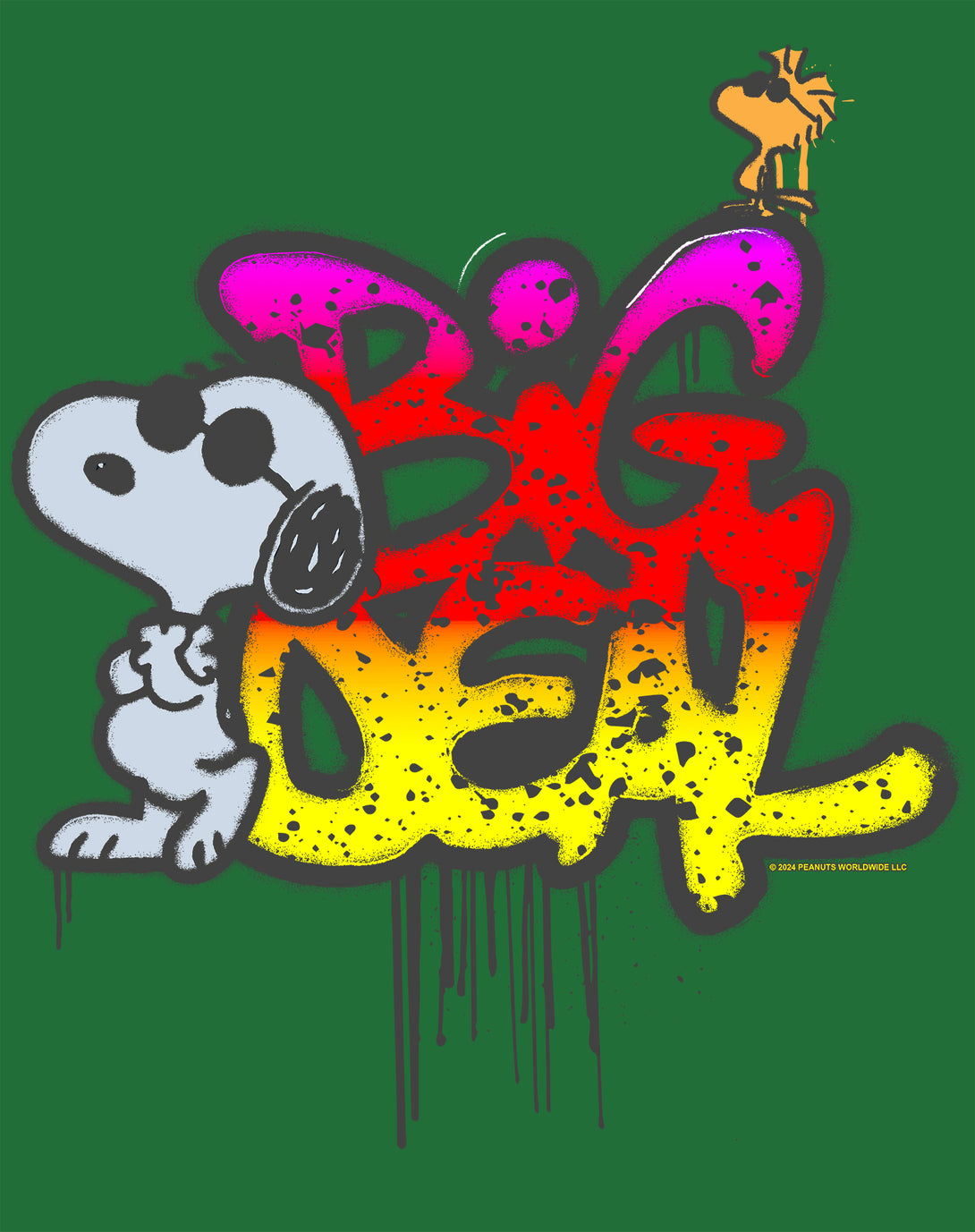 Peanuts Wyld Style Snoopy Woodstock Big Deal Graffiti Retro Official Men's T-Shirt - Green - Urban Species Design Close Up