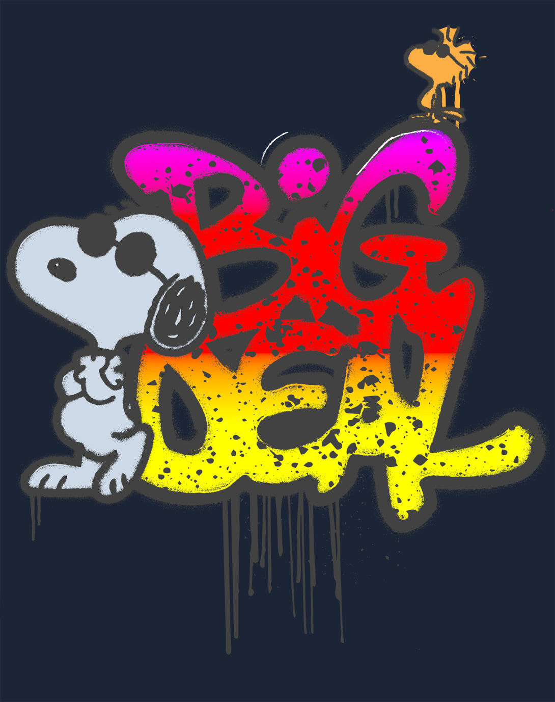 Peanuts Wyld Style Snoopy Woodstock Big Deal Graffiti Retro Official Men's T-Shirt - Navy - Urban Species Design Close Up