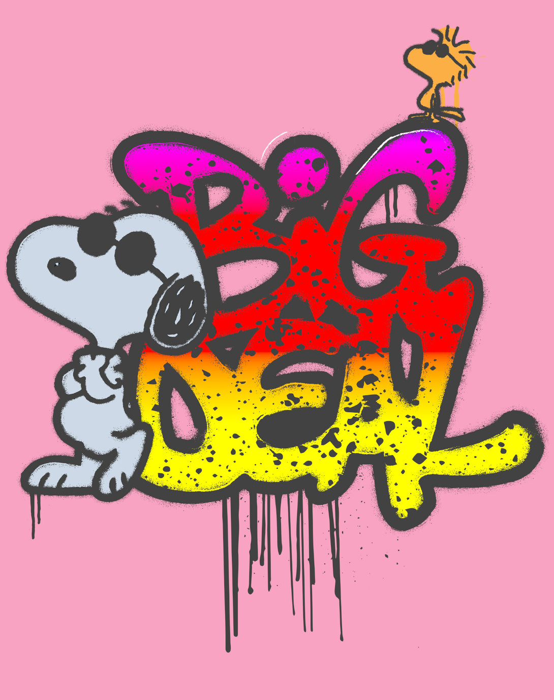 Peanuts Wyld Style Snoopy Woodstock Big Deal Graffiti Retro Official Men's T-Shirt - Pink - Urban Species Design Close Up