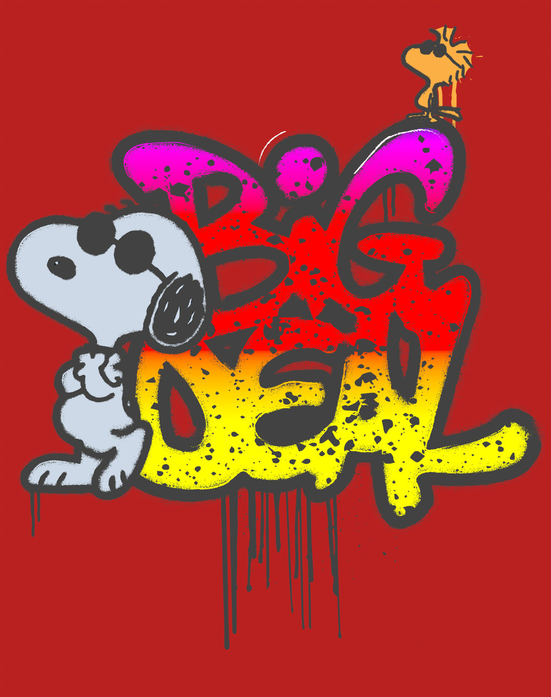 Peanuts Wyld Style Snoopy Woodstock Big Deal Graffiti Retro Official Men's T-Shirt - Red - Urban Species Design Close Up