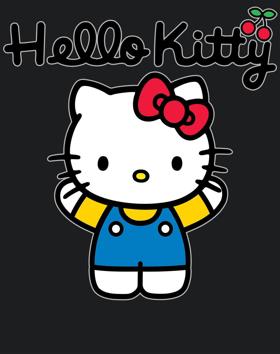 Hello Kitty Charmmy Pose Ribbon XOXO Cherries Classic Logo Official Women's SKINNY FIT T-Shirt - Black - Urban Species Design Close Up