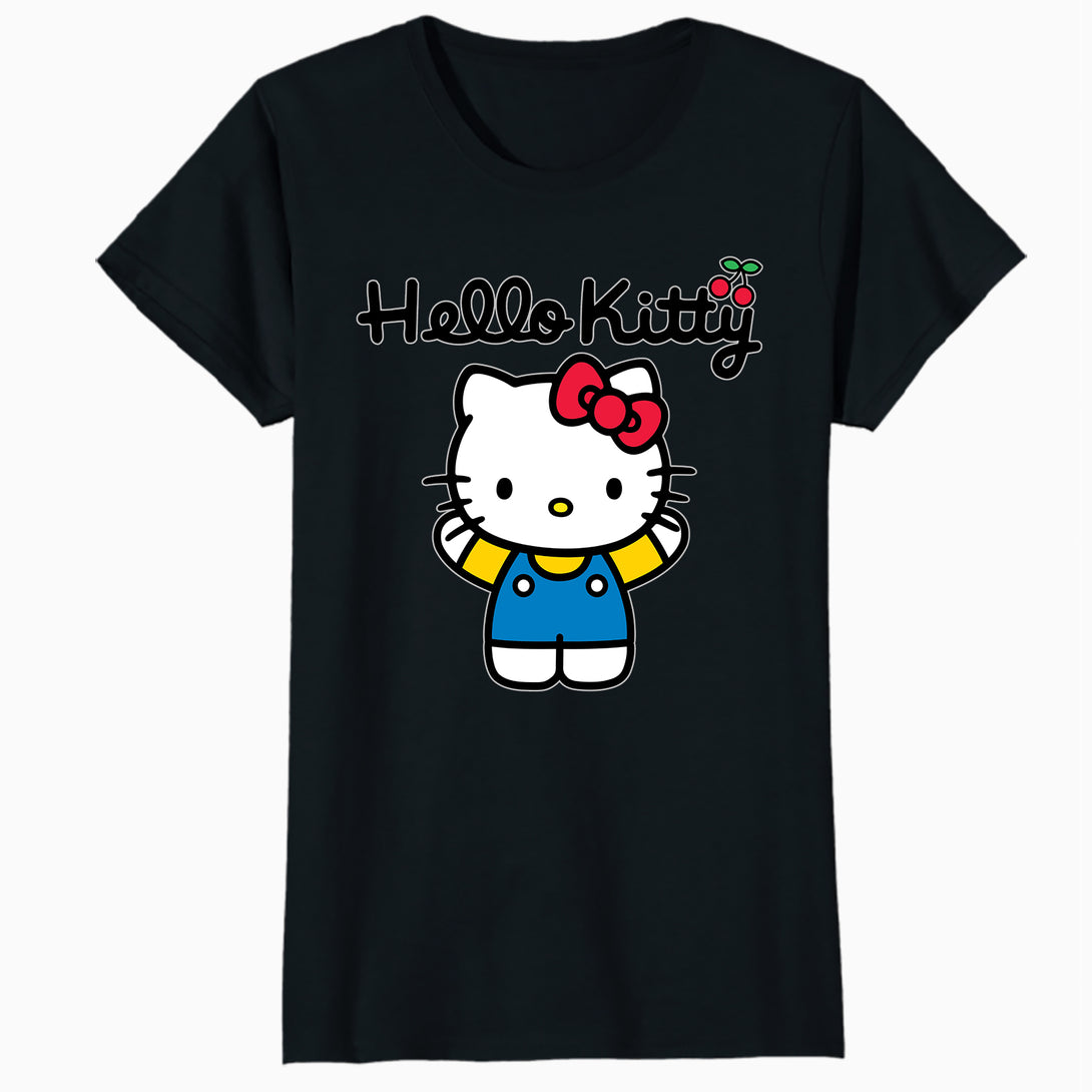 Hello Kitty Charmmy Pose Ribbon XOXO Cherries Classic Logo Official Women's SKINNY FIT T-Shirt - Black - Urban Species