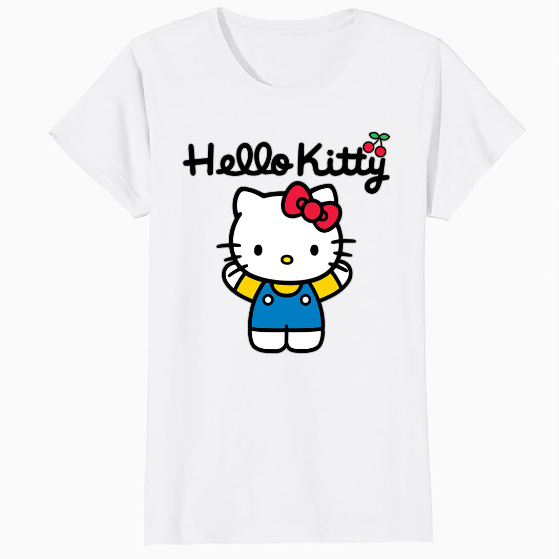Hello Kitty Charmmy Pose Ribbon XOXO Cherries Classic Logo Official Women's SKINNY FIT T-Shirt - White - Urban Species
