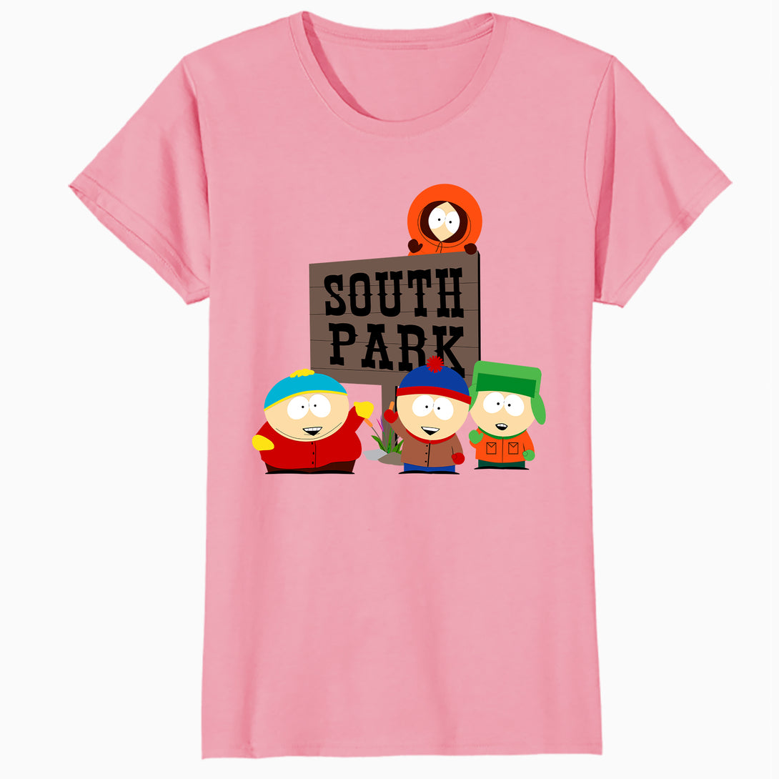 South Park The Boys Logo Classic Cartman Stan Kyle Kenny Lol Official Women's SKINNY FIT T-Shirt - Black - Urban Species Design Close Up