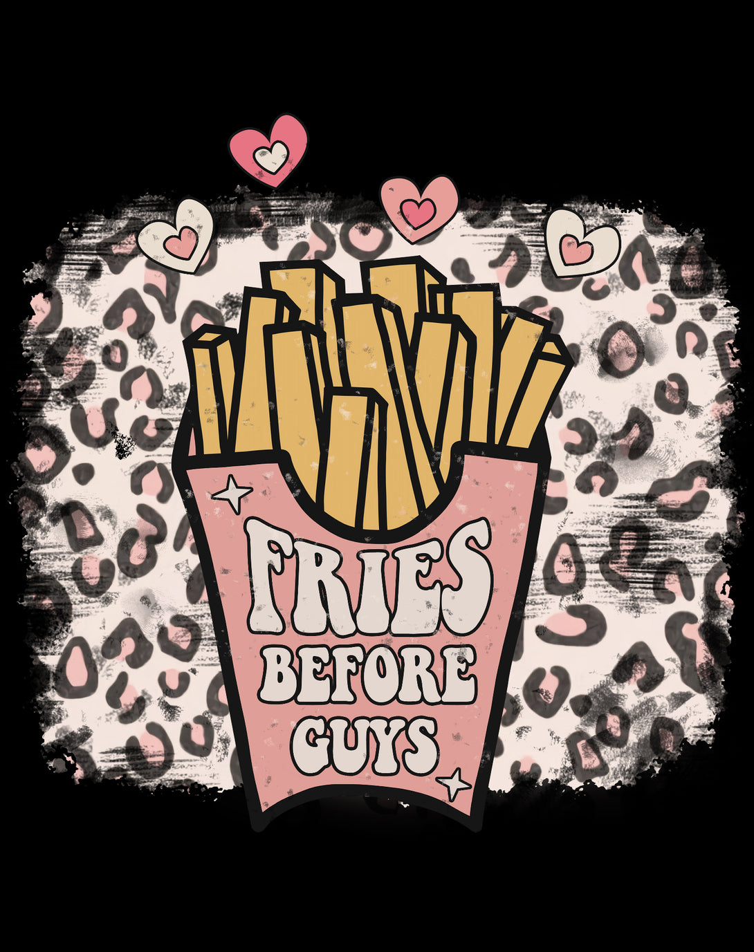 Valentine Retro Fries Before Guys Leopard Print Love Youth T-shirt Black - Urban Species Design Close Up
