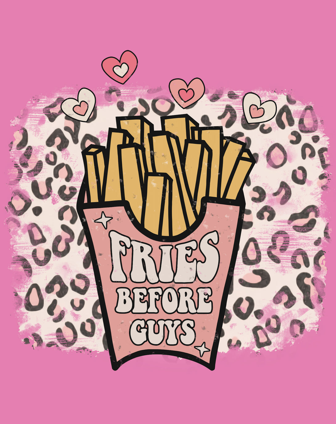 Valentine Retro Fries Before Guys Leopard Print Love Women's T-shirt Pink - Urban Species Design Close Up