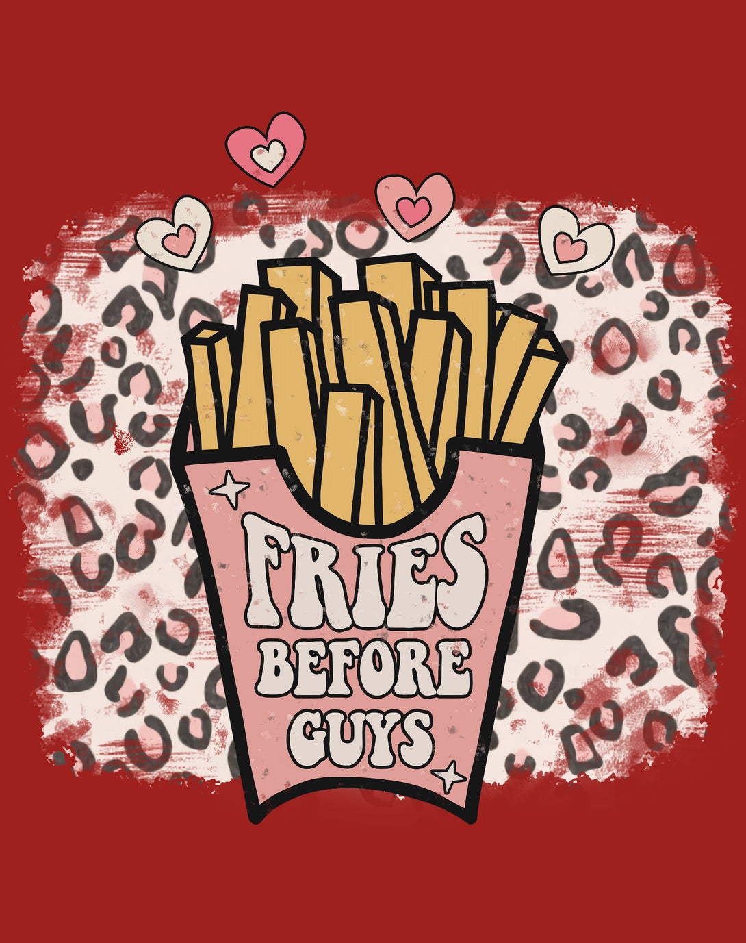 Valentine Retro Fries Before Guys Leopard Print Love Women's T-shirt Red - Urban Species Design Close Up