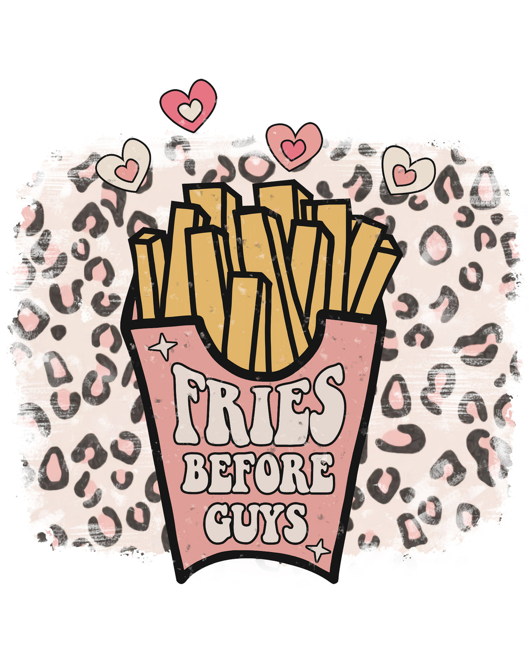 Valentine Retro Fries Before Guys Leopard Print Love Women's T-shirt White - Urban Species Design Close Up
