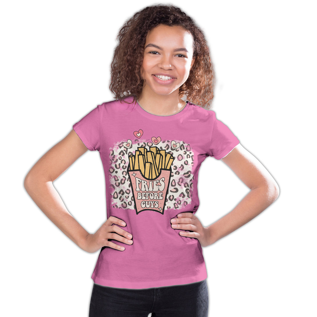 Valentine Retro Fries Before Guys Leopard Print Love Youth T-shirt Pink - Urban Species