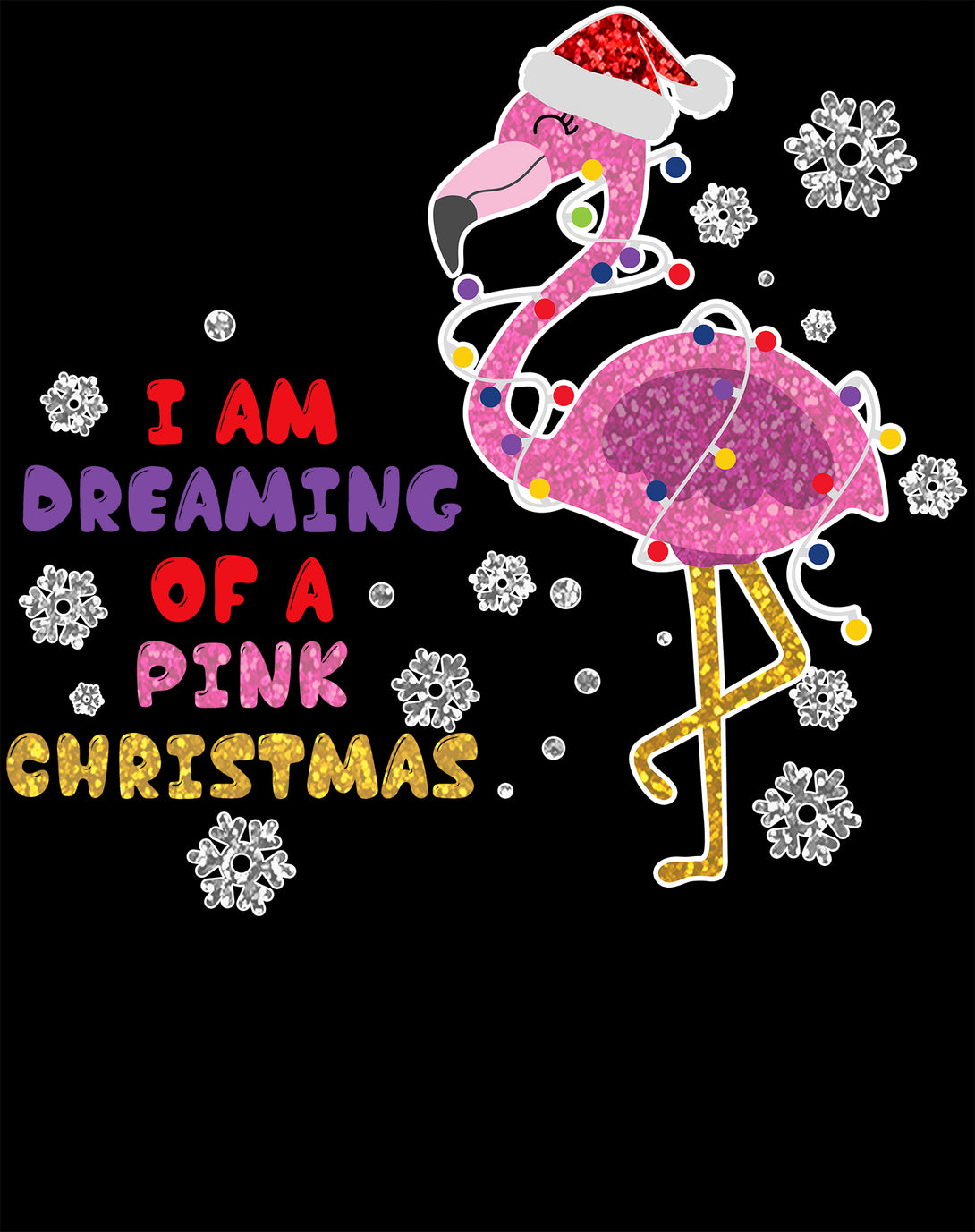 Christmas Flamingo Dreaming Pink Xmas Sparkle Family Cute Kid's T-Shirt Black - Urban Species Design Close Up