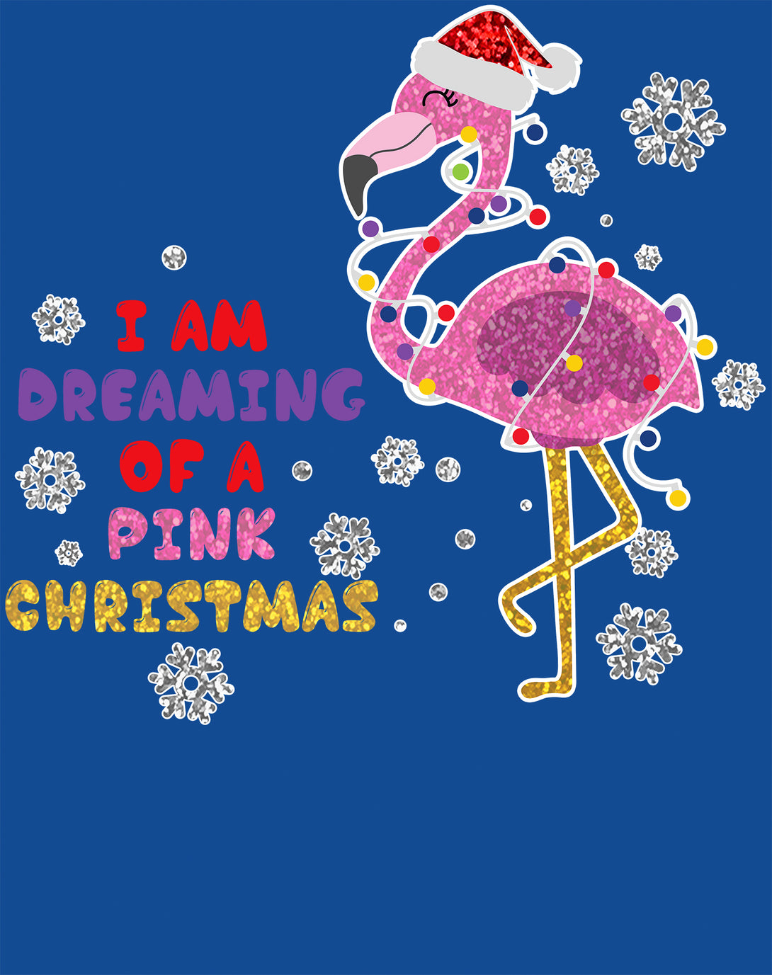 Christmas Flamingo Dreaming Pink Xmas Sparkle Family Cute Youth T-Shirt Blue - Urban Species Design Close Up