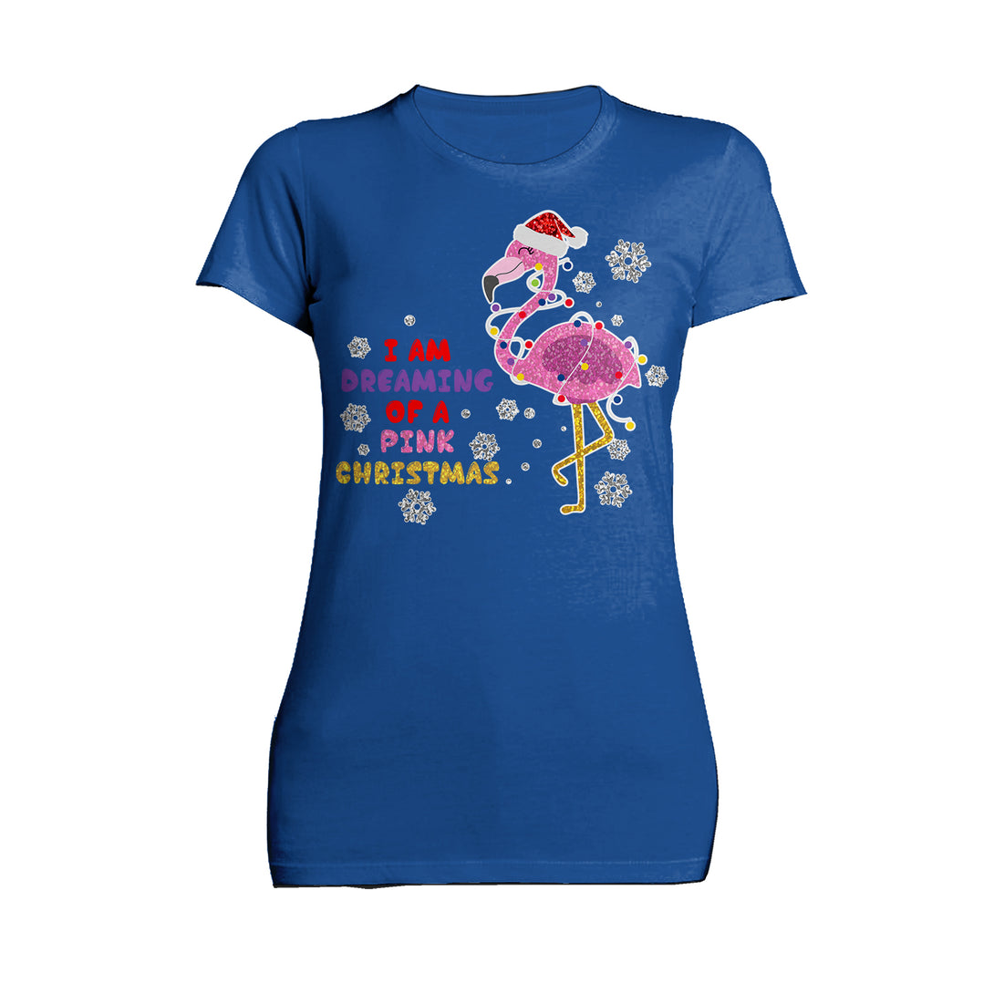 Christmas Flamingo Dreaming Pink Xmas Sparkle Family Cute Women's T-Shirt Blue - Urban Species