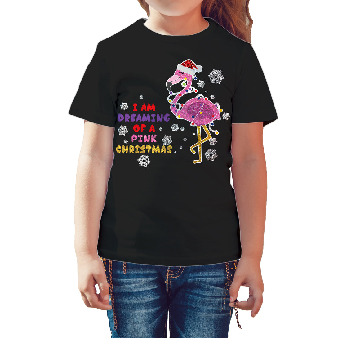 Christmas Flamingo Dreaming Pink Xmas Sparkle Family Cute Kid's T-Shirt Black - Urban Species