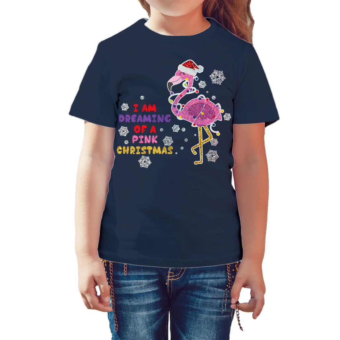 Christmas Flamingo Dreaming Pink Xmas Sparkle Family Cute Kid's T-Shirt Navy - Urban Species