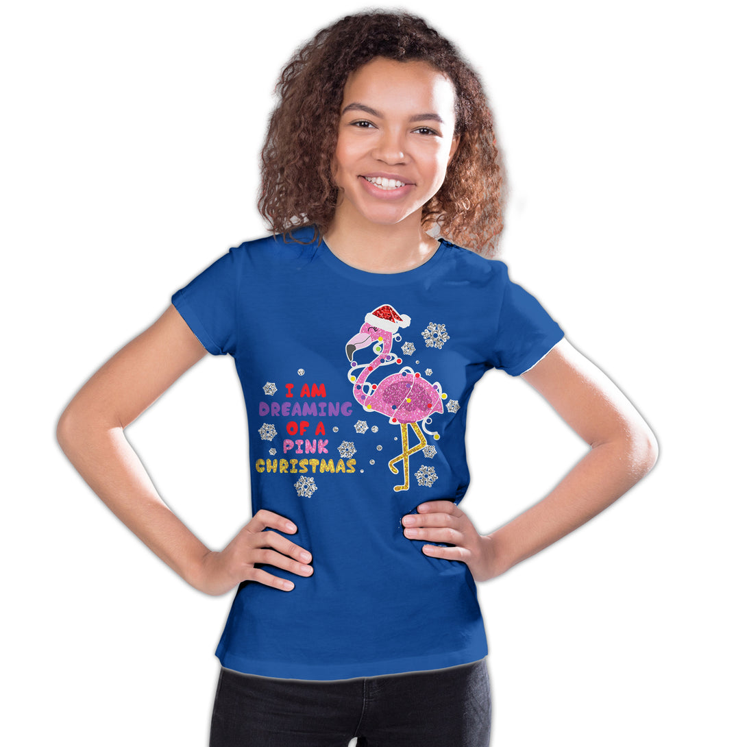Christmas Flamingo Dreaming Pink Xmas Sparkle Family Cute Youth T-Shirt Blue - Urban Species