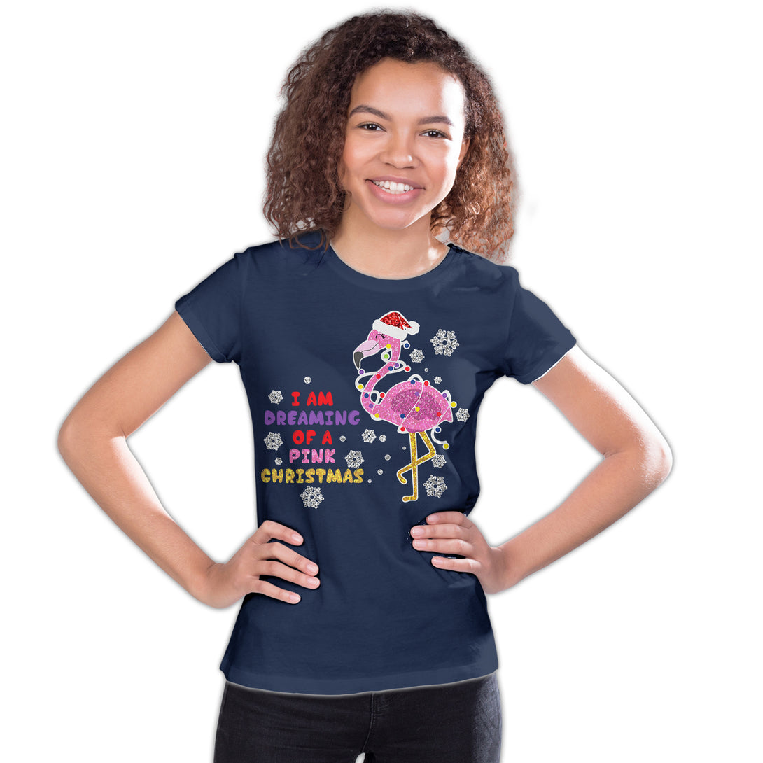 Christmas Flamingo Dreaming Pink Xmas Sparkle Family Cute Youth T-Shirt Navy - Urban Species
