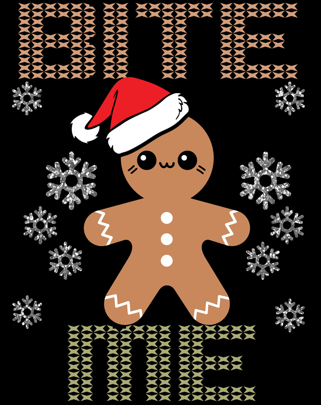 Christmas Gingerbread Man Bite Me Snowflake Meme Cute Fun Youth T-Shirt Black - Urban Species Design Close Up