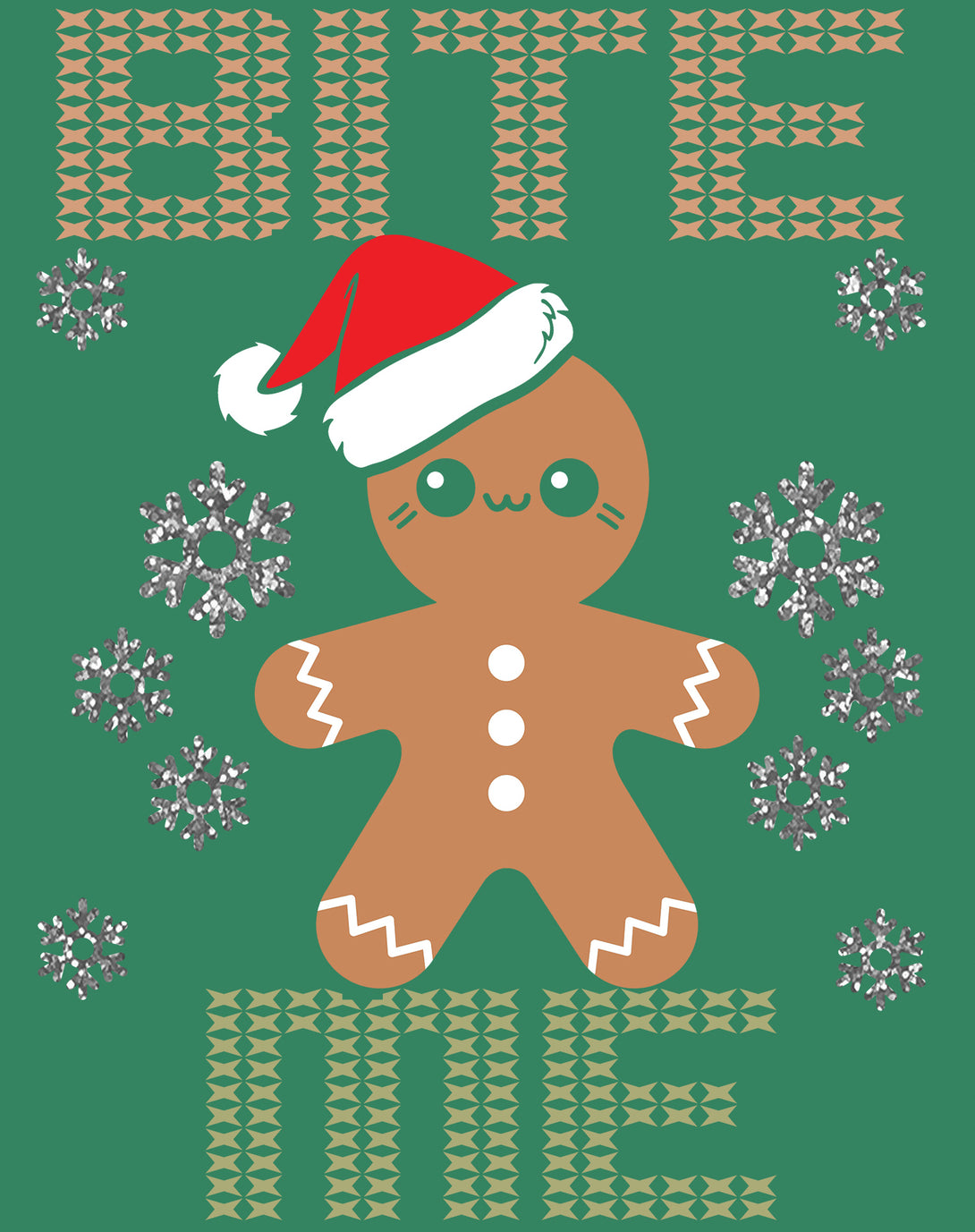 Christmas Gingerbread Man Bite Me Snowflake Meme Cute Fun Kid's T-Shirt Green - Urban Species Deign Close Up