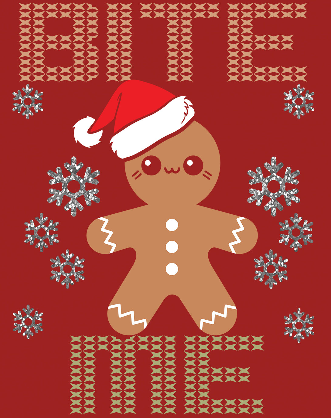 Christmas Gingerbread Man Bite Me Snowflake Meme Cute Fun Youth T-Shirt Red - Urban Species Design Close Up
