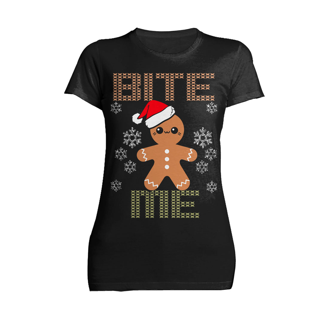 Christmas Gingerbread Man Bite Me Snowflake Meme Cute Fun Women's T-Shirt Black - Urban Species