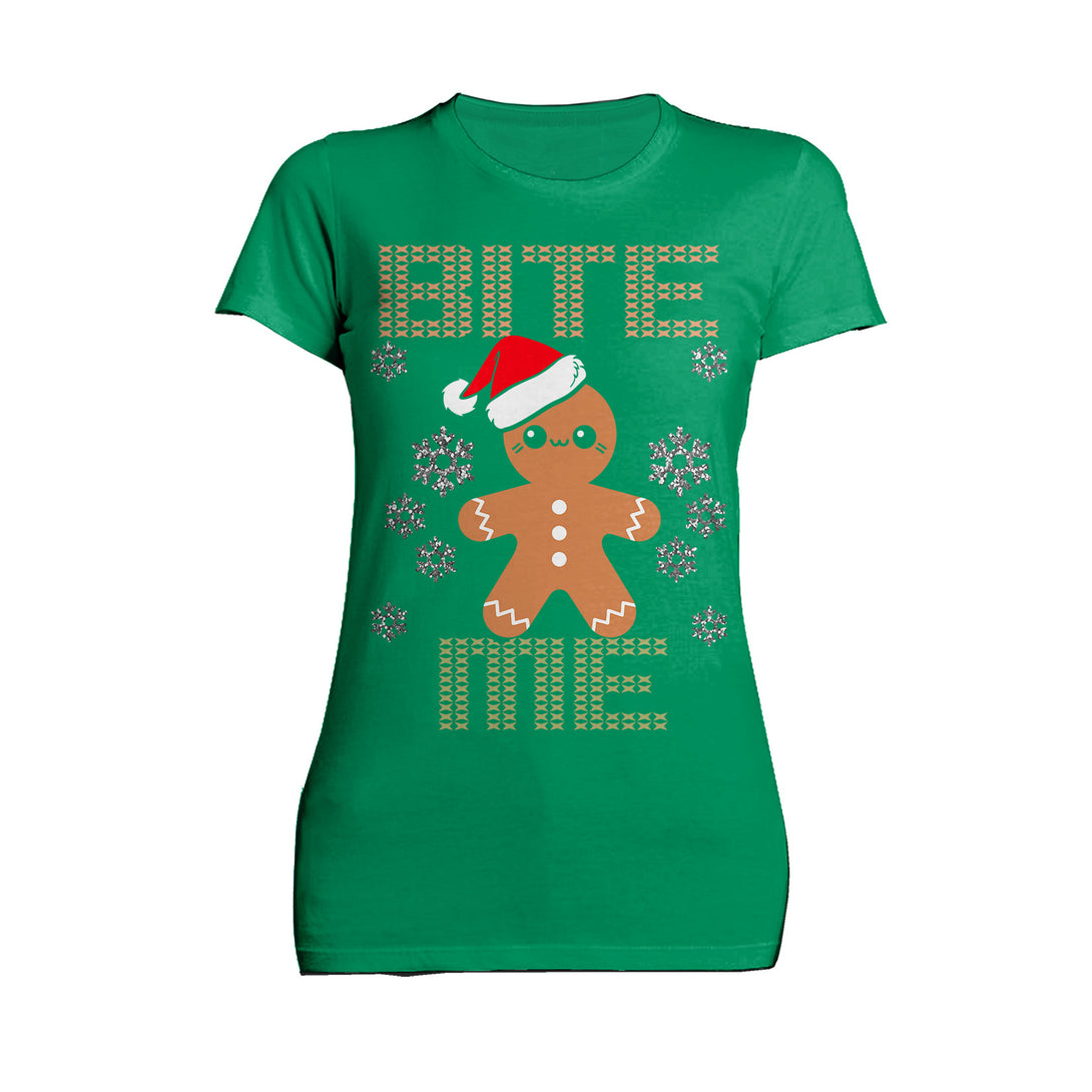 Christmas Gingerbread Man Bite Me Snowflake Meme Cute Fun Women's T-Shirt Green - Urban Species