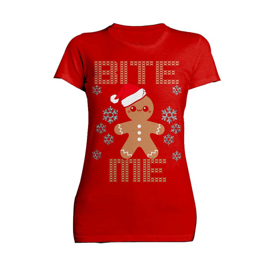 Christmas Gingerbread Man Bite Me Snowflake Meme Cute Fun Women's T-Shirt Red - Urban Species
