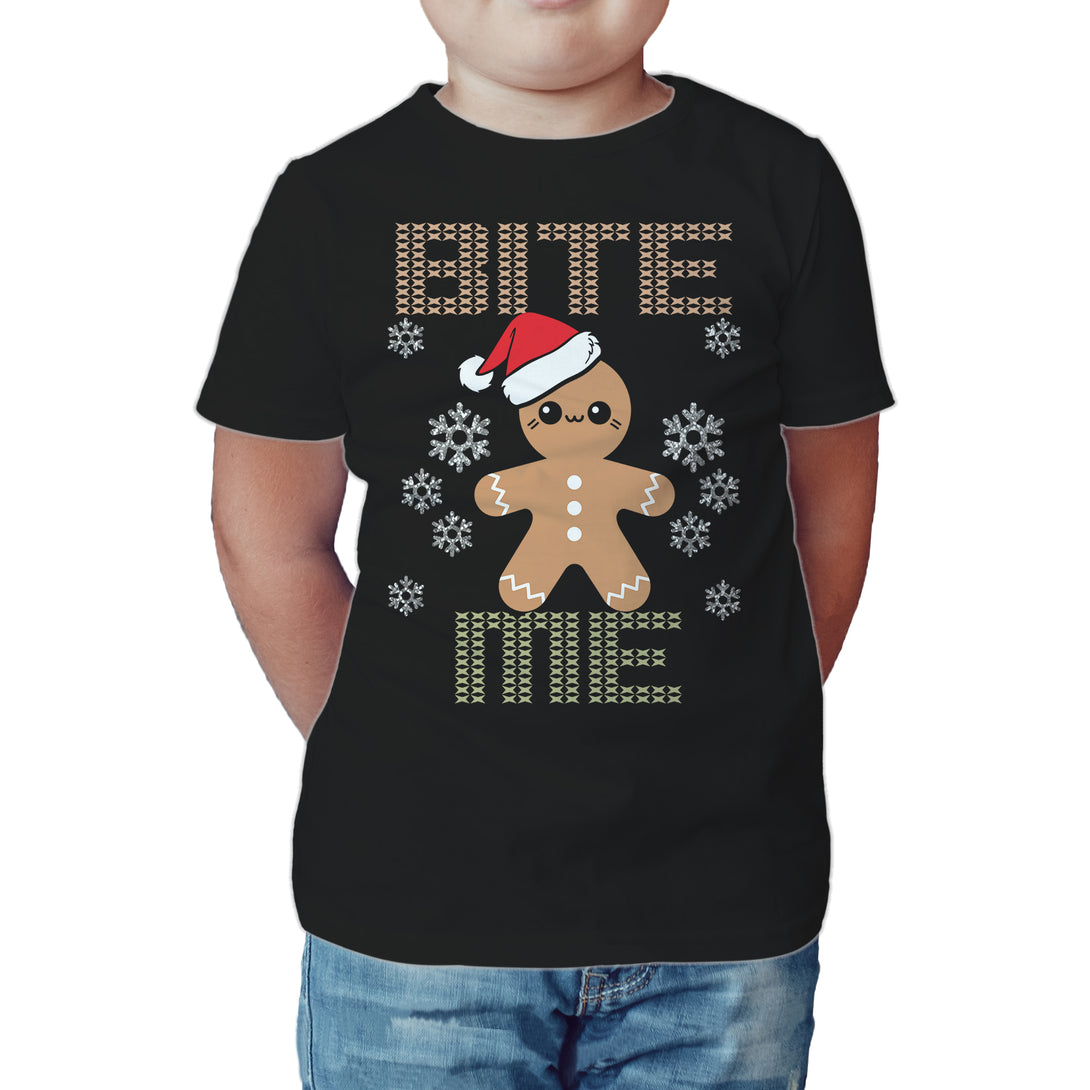 Christmas Gingerbread Man Bite Me Snowflake Meme Cute Fun Kid's T-Shirt Black - Urban Species