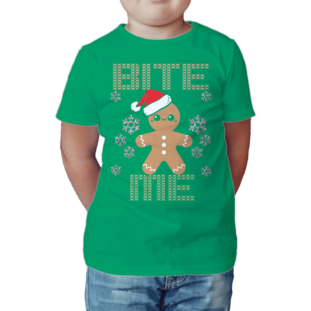 Christmas Gingerbread Man Bite Me Snowflake Meme Cute Fun Kid's T-Shirt Green - Urban Species