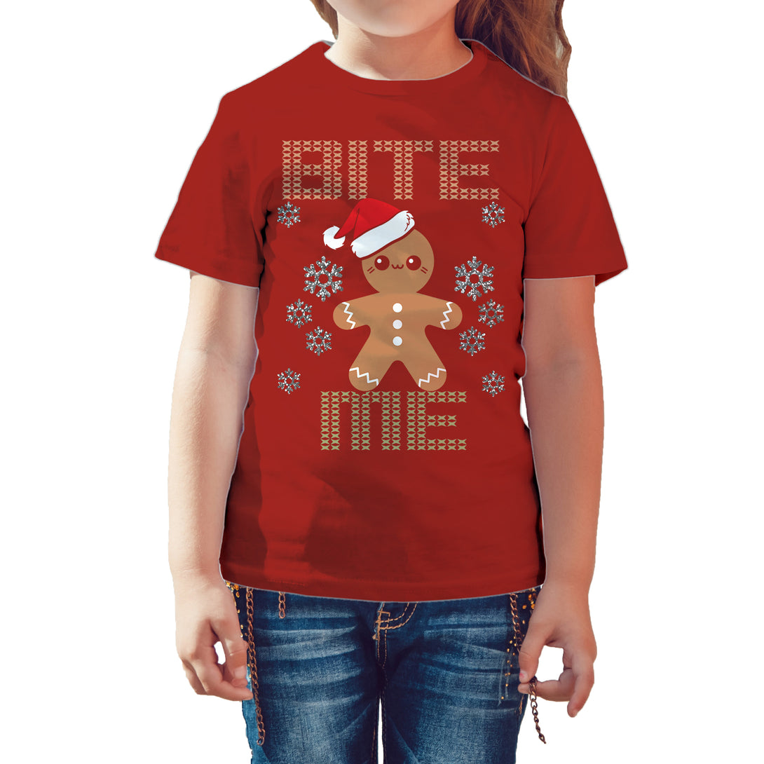 Christmas Gingerbread Man Bite Me Snowflake Meme Cute Fun Kid's T-Shirt Red - Urban Species