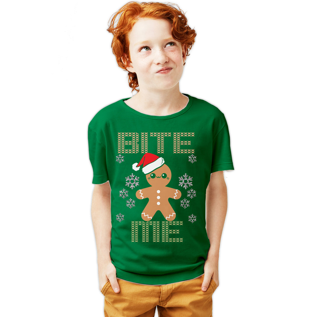 Christmas Gingerbread Man Bite Me Snowflake Meme Cute Fun Youth T-Shirt Green - Urban Species