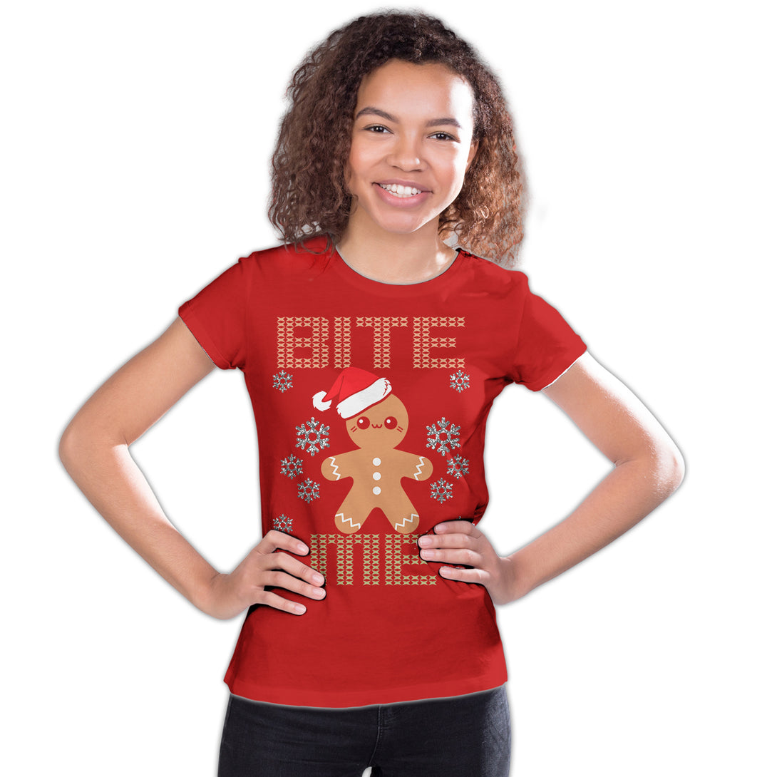 Christmas Gingerbread Man Bite Me Snowflake Meme Cute Fun Youth T-Shirt Red - Urban Species