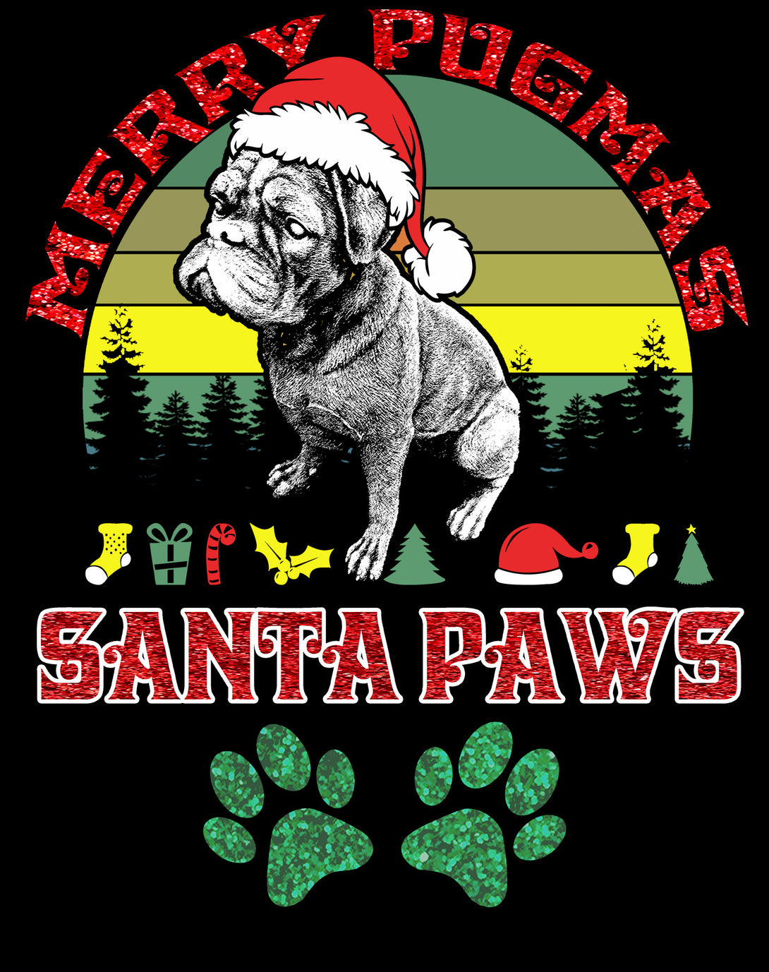 Christmas Pug Lover Merry Pugmas Santa Paws Fun Xmas Sparkle Men's T-Shirt Black - Urban Species Design Close Up