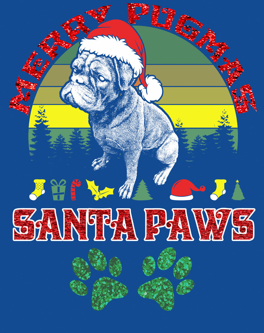 Christmas Pug Lover Merry Pugmas Santa Paws Fun Xmas Sparkle Men's T-Shirt Blue - Urban Species Design Close Up