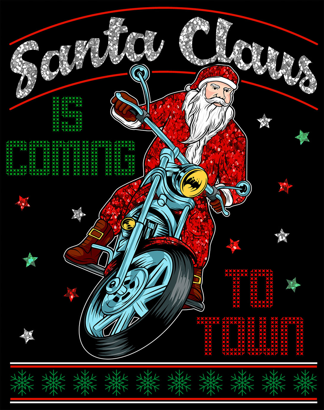 Christmas Santa Claus Is Coming To Town Xmas Sparkle Biker Men's T-Shirt Black - Urban Species Design Close Up