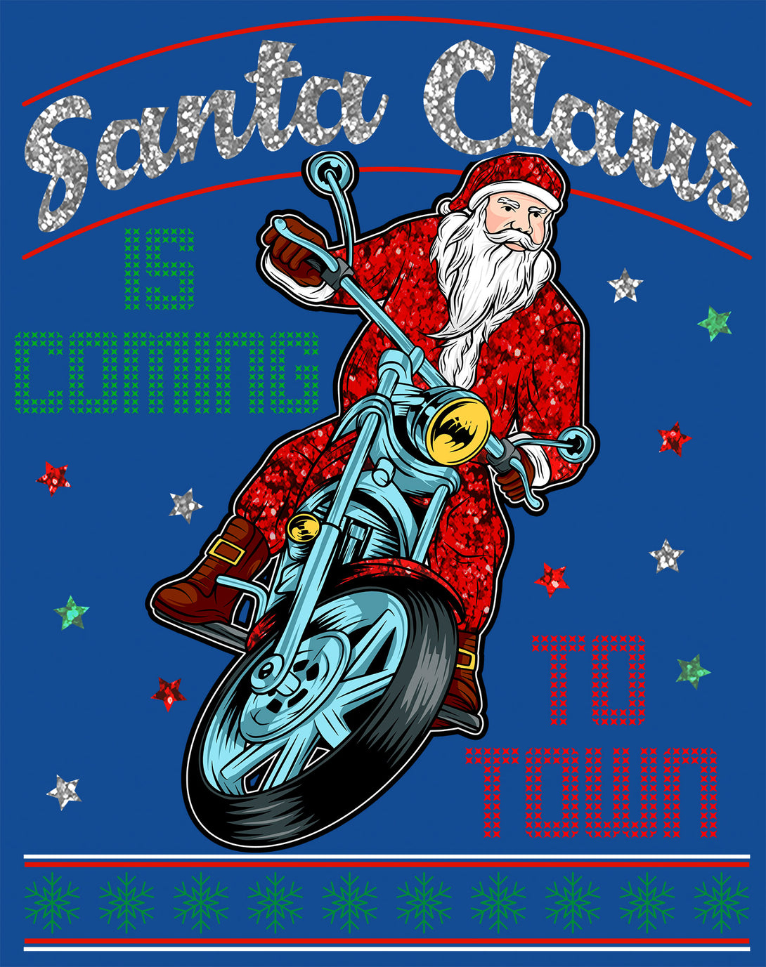 Christmas Santa Claus Is Coming To Town Xmas Sparkle Biker Men's T-Shirt Blue - Urban Species Design Close Up