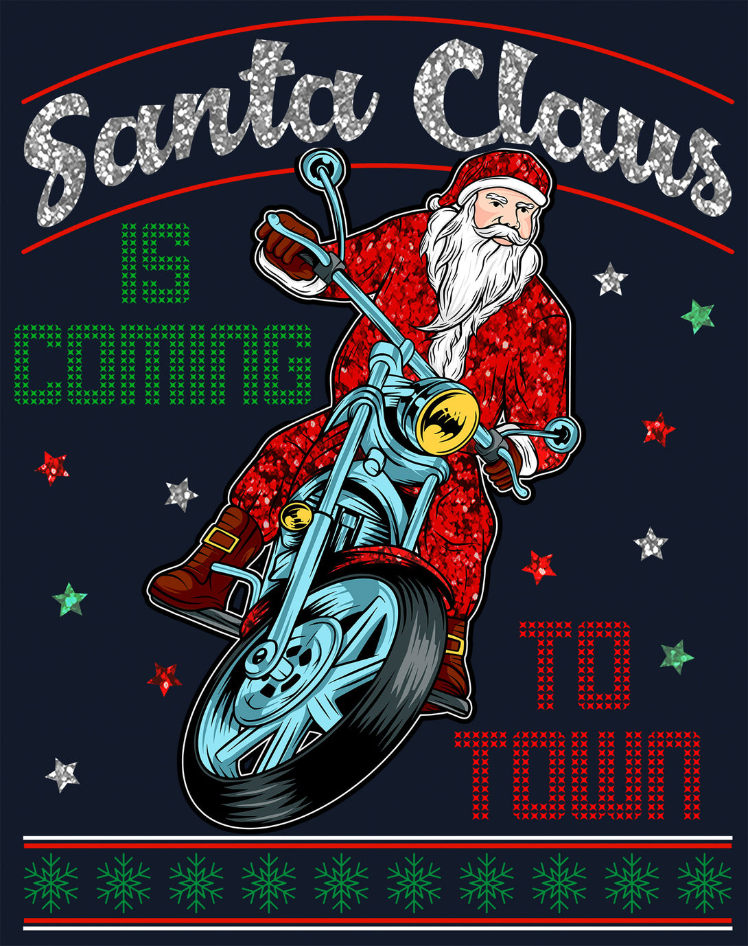 Christmas Santa Claus Is Coming To Town Xmas Sparkle Biker Men's T-Shirt Navy - Urban Species Design Close Up