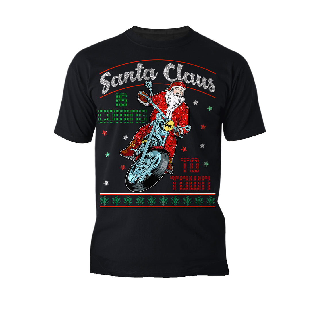 Christmas Santa Claus Is Coming To Town Xmas Sparkle Biker Men's T-Shirt Black - Urban Species