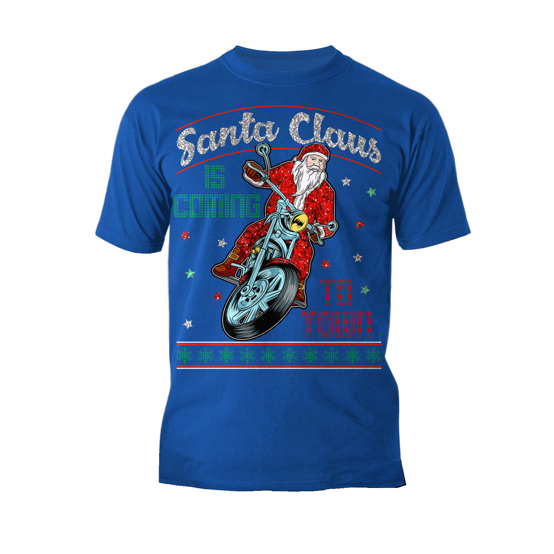 Christmas Santa Claus Is Coming To Town Xmas Sparkle Biker Men's T-Shirt Blue - Urban Species