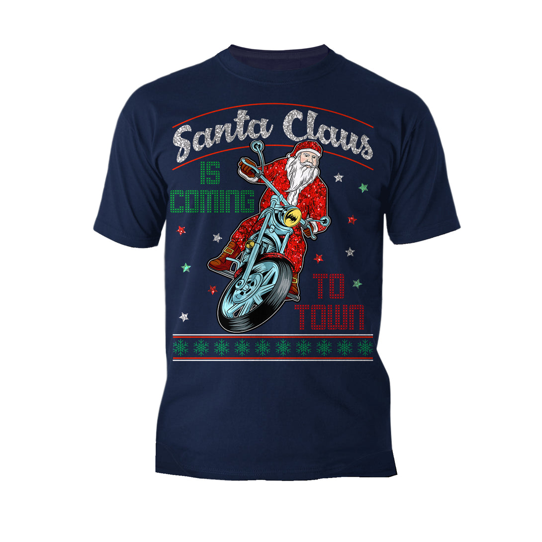 Christmas Santa Claus Is Coming To Town Xmas Sparkle Biker Men's T-Shirt Navy - Urban Species