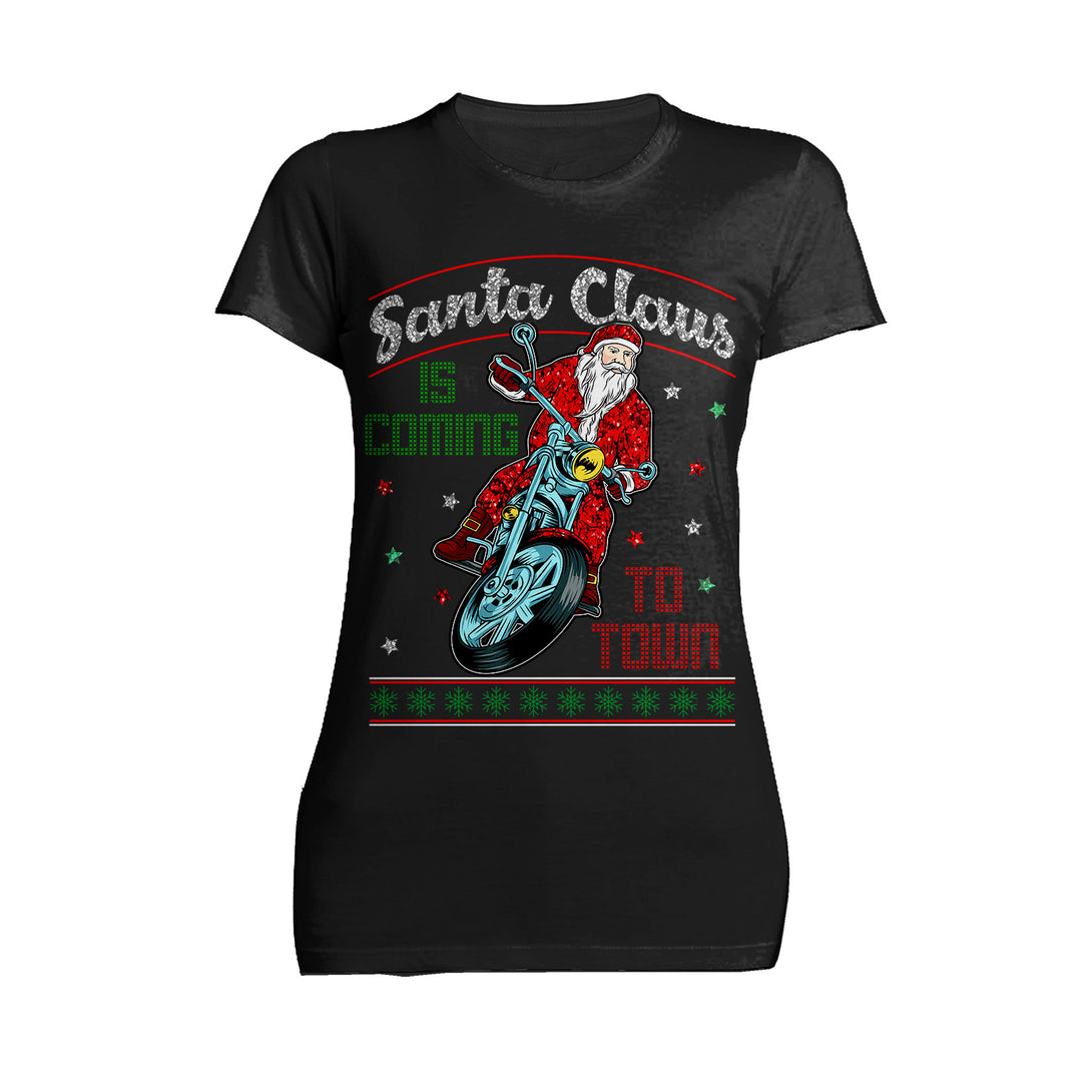 Christmas Santa Claus Is Coming To Town Xmas Sparkle Biker Women's T-Shirt Black - Urban Species