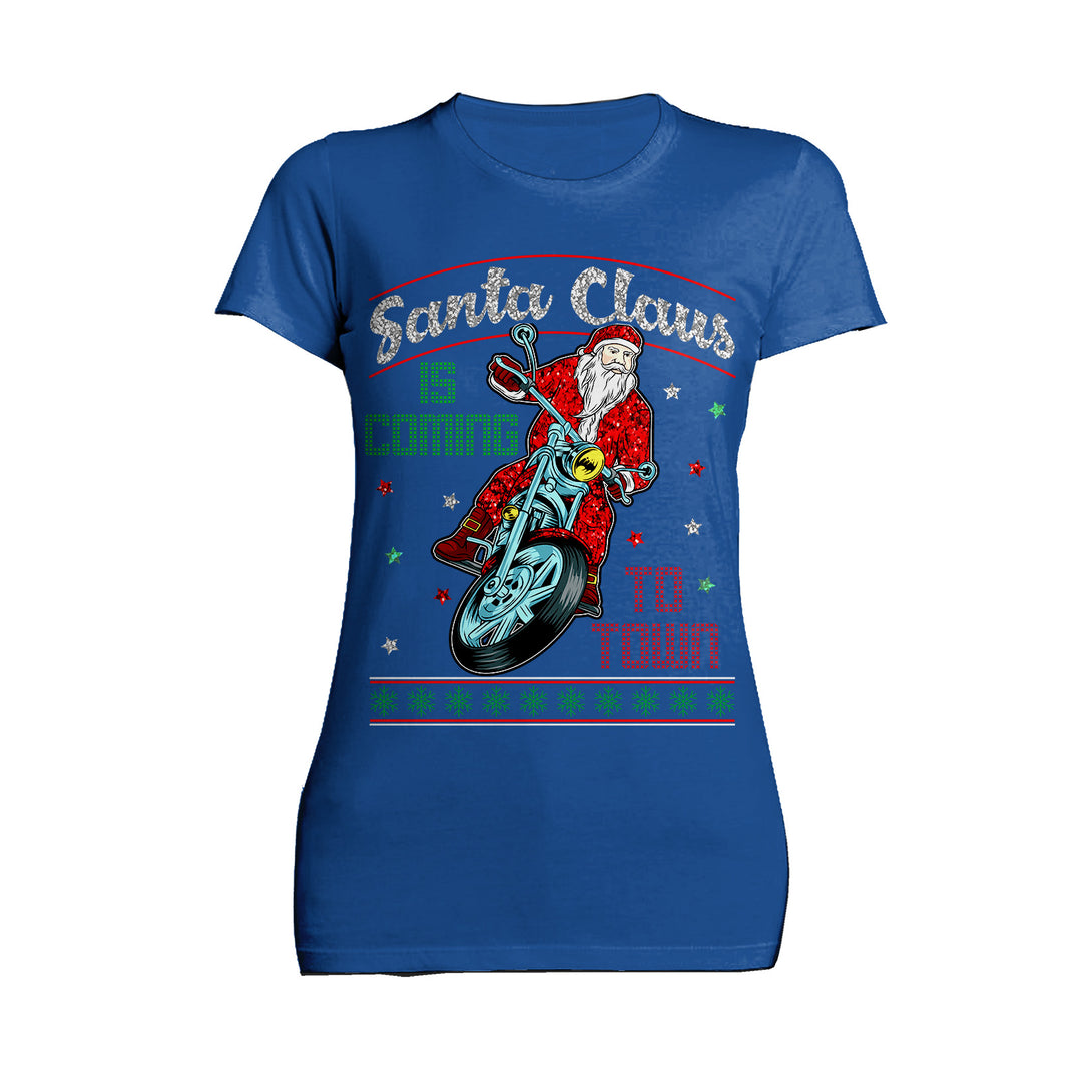 Christmas Santa Claus Is Coming To Town Xmas Sparkle Biker Women's T-Shirt Blue - Urban Species