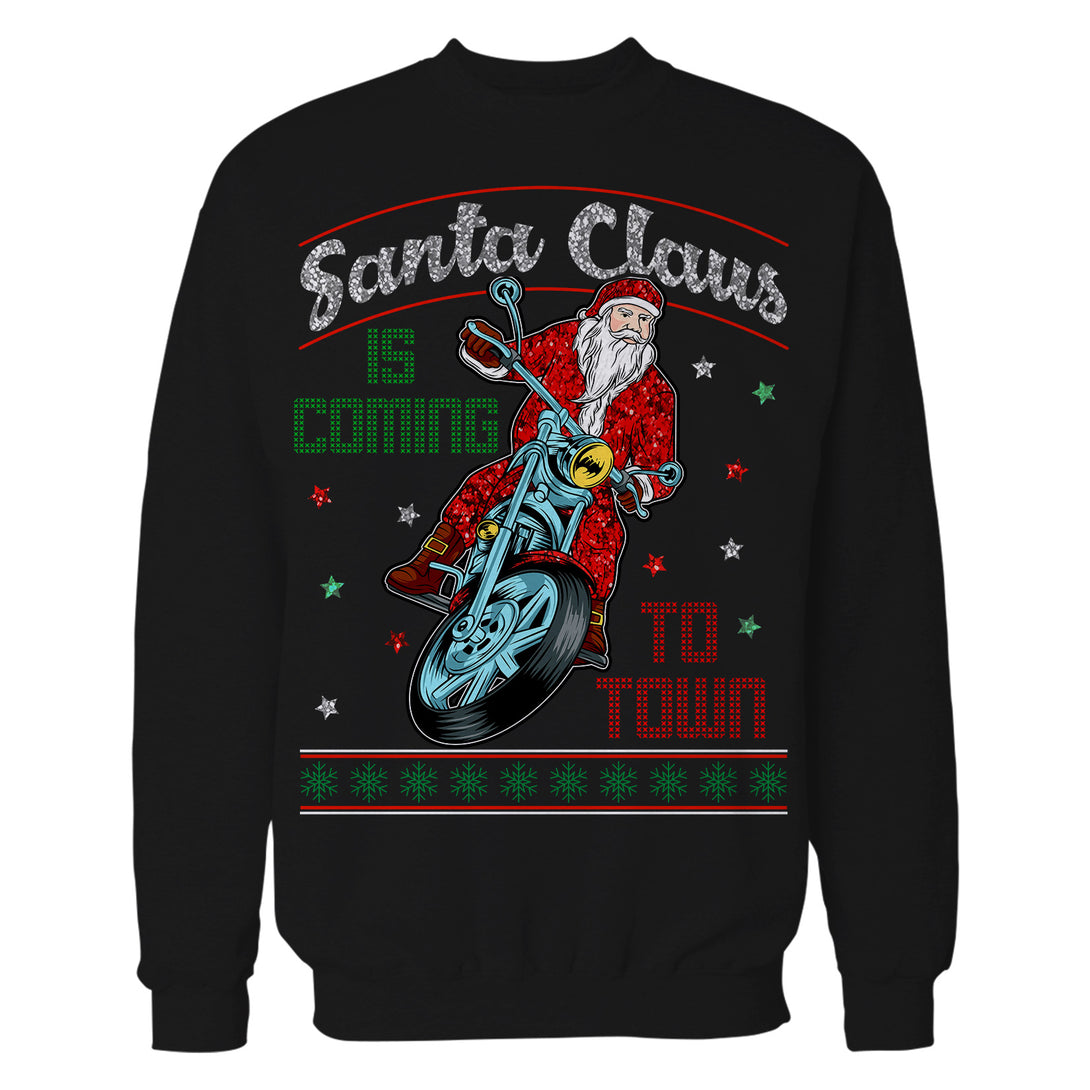 Christmas Santa Claus Is Coming To Town Xmas Sparkle Biker Unisex Sweatshirt Black - Urban Species