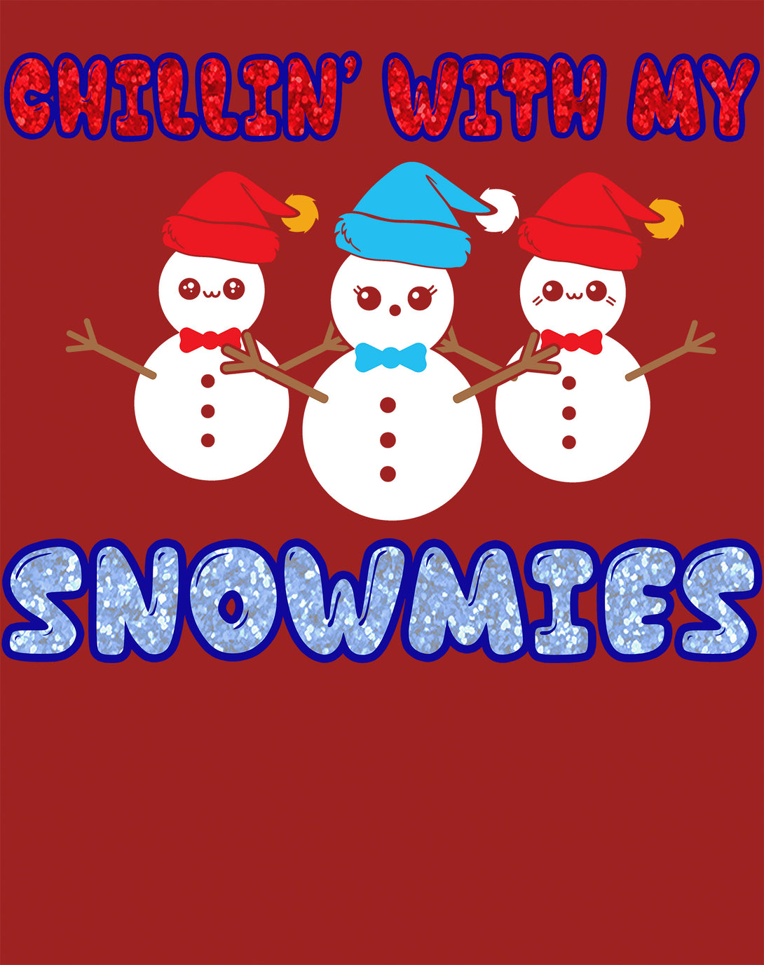 Christmas Snowmen Chillin Snowmies Cute Joke Xmas Sparkle Men's T-Shirt Red - Urban Species Design Close Up