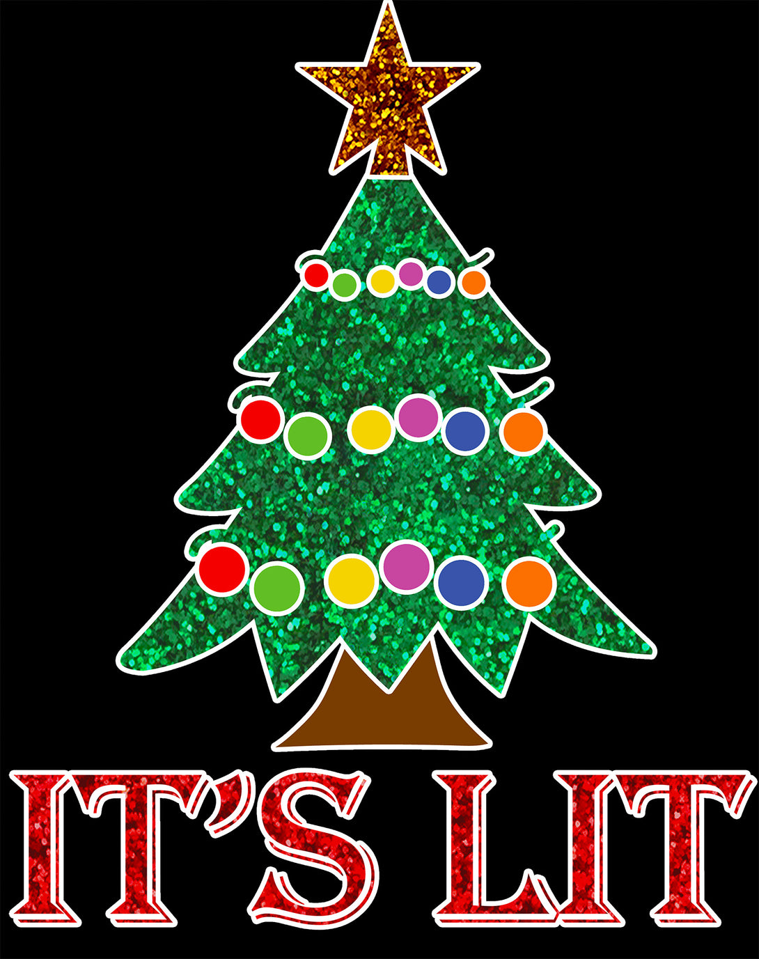 Christmas Tree Its Lit Meme Xmas Sparkle Star Fun Cute Cool Men's T-Shirt Black - Urban Species Design Close Up