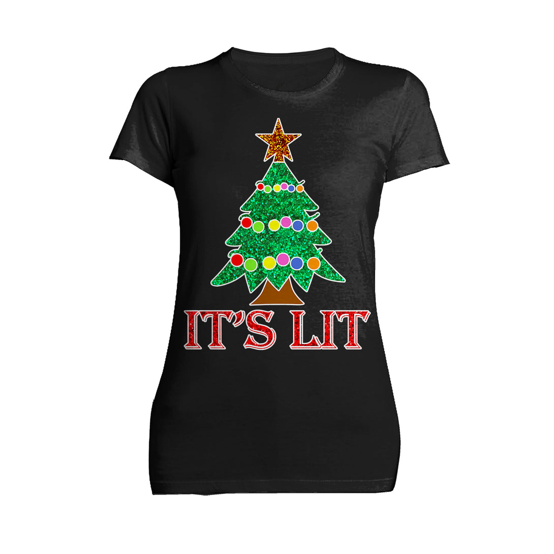 Christmas Tree Its Lit Meme Xmas Sparkle Star Fun Cute Cool Women's T-Shirt Black - Urban Species