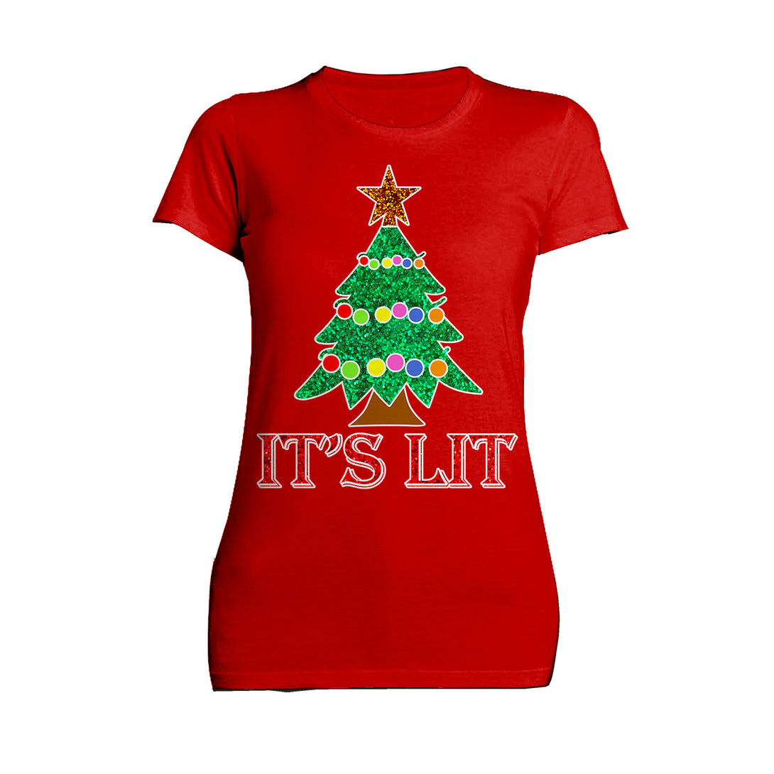 Christmas Tree Its Lit Meme Xmas Sparkle Star Fun Cute Cool Women's T-Shirt Red - Urban Species