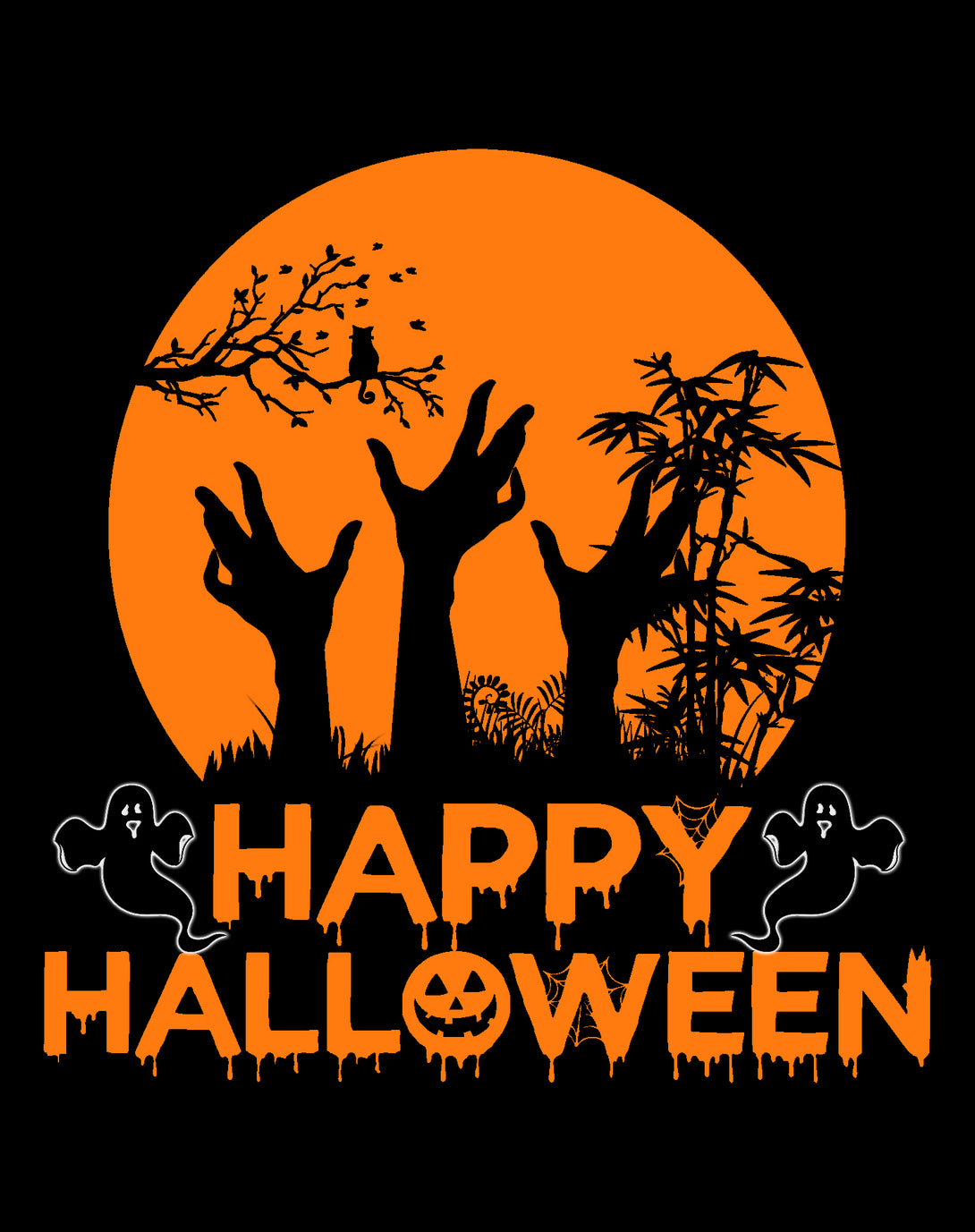 Halloween Cute Happy Pumpkin Ghost Meme Zombie Cat Official Youth T-shirt Black - Urban Species Design Close Up