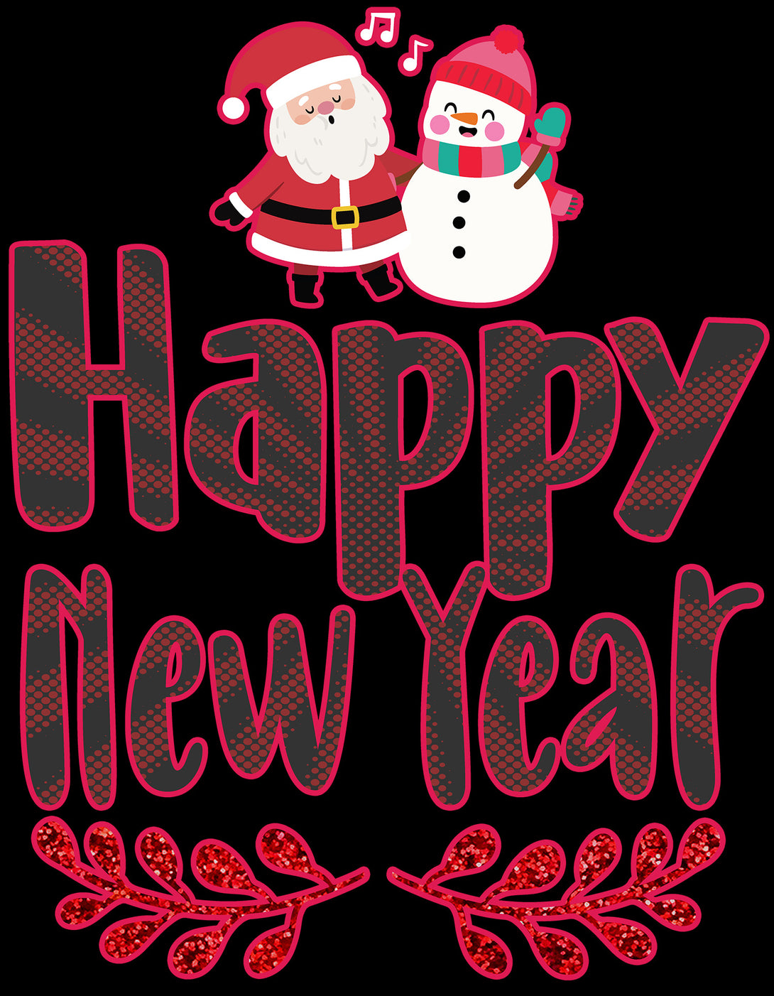 NYE Happy New Year Santa Sparkle Snowman Bling Cute Family Kid's T-Shirt Black - Urban Species Design Close Up